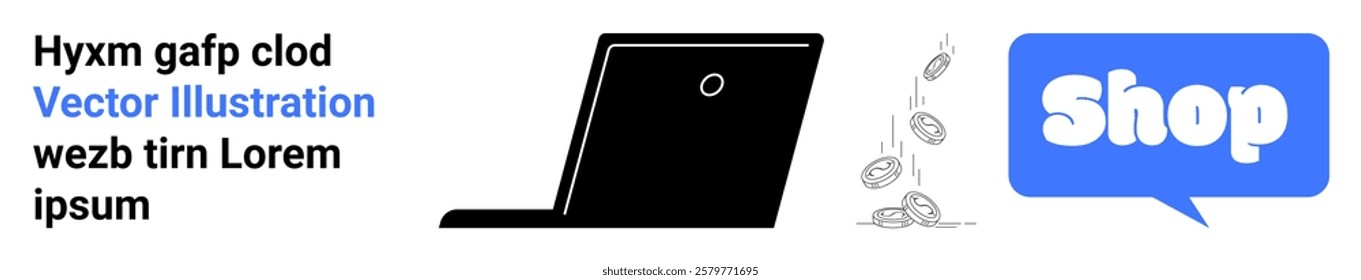 Text, silhouette of a laptop, falling coins, and a blue chat bubble with Shop inside. Ideal for online shopping, e-commerce, digital marketing, website banner, and retail advertisements. Banner for