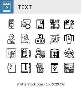 text simple icons set. Contains such icons as Digital book, Phone, Message, Book, Library, Text, Reporter, Report, Abc block, Note, Blog, can be used for web, mobile and logo
