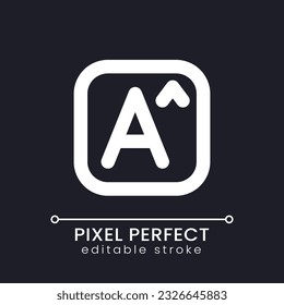 Tamaño del texto píxel icono de ui lineal blanco perfecto para el tema oscuro. Dimensión de los caracteres. Editar información. Pictograma de la línea del vector. Símbolo de interfaz de usuario aislado para el modo nocturno. Trazo editable