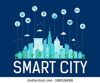 text Smart city on dark background. Modern blue  city. Vector infographics  filled linear icon style. Online pharmacy, education and food. Save water, waste management.