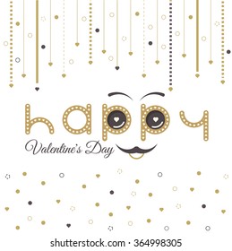 Text with smiley eyebrows and moustache. Valentines Day card lettering red background. 14 february holiday. Happy Valentines Day card love story. Greeting Card Valentines Day. Gold glitter card vector