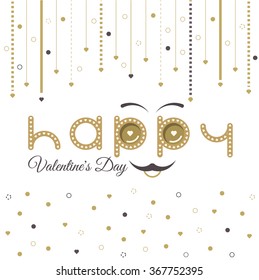 Text with smiley eyebrows and moustache. Valentines Day card lettering red background. 14 february holiday. Happy Valentines Day card love story. Greeting Card Valentines Day. Gold glitter card vector