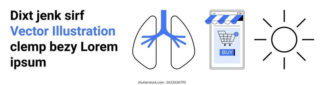 Text snippet, lung diagram, shopping cart on smartphone screen, sun icon. Ideal for healthcare, e-commerce, digital marketing, education, respiratory health, online retail, wellness. Landing page