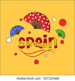 Text "Spain" with dela Spanish flag colors and with fans around. vector