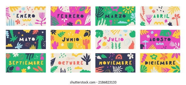 Text in Spanish, translation - January, February, March, April, May, June, July, August, September, October, November, December. Set of banners of colorful doodle flora backgrounds. Vector.