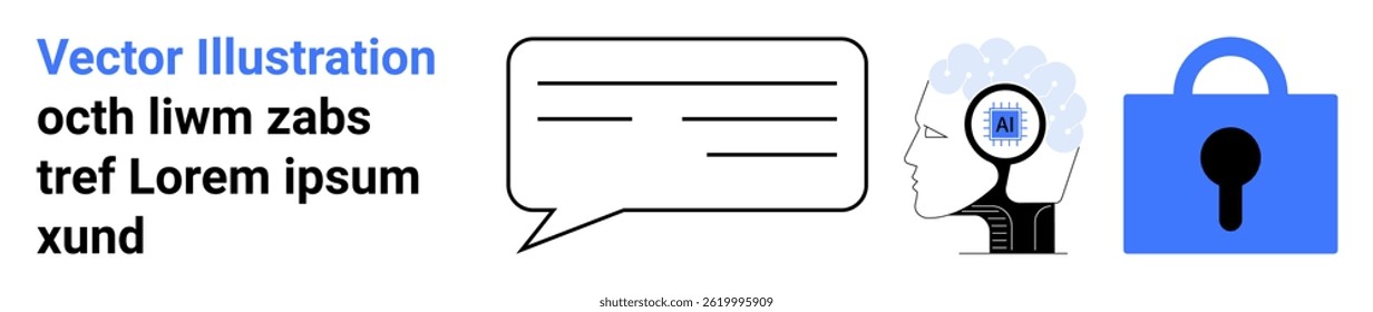 Text speech bubble, human head with brain and gear implying cognition, and blue padlock symbolizing security. Ideal for tech, communication, mind, safety, privacy, AI, and education themes. Banner