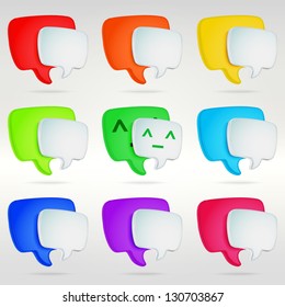 Text speech bubble set of eps10 vector glossy icon emblems as talking and communication illustration clip-art in nine colorful variations