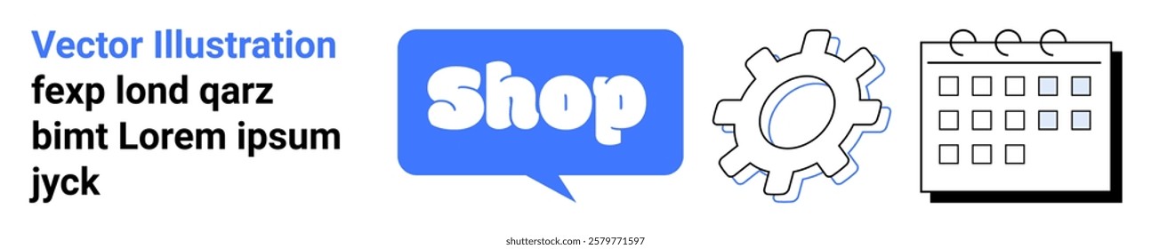 Text in a speech bubble for shopping, gear icon for settings, and a calendar for organization. Ideal for online shopping, e-commerce promotions, marketing campaigns, technology updates, and event