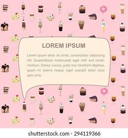 Text speech cloud with pink background full of sweets