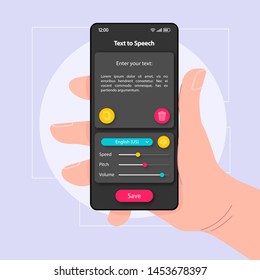 Text to speech converter smartphone interface vector template. Mobile app page color design layout. Spoken phrase generator screen. Flat UI for application. Hand holding phone with audio on display