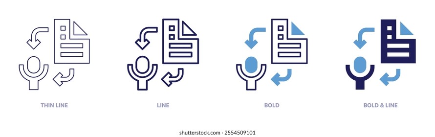 Text to speech icon in 4 different styles. Thin Line, Line, Bold, and Bold Line. Duotone style. Editable stroke.