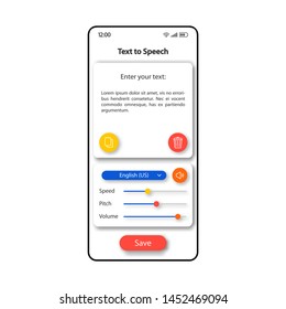 Text to speech transformer smartphone interface vector template. Mobile app page color design layout. Print to audio converter screen. Flat UI for application. Spoken phrases generator phone display