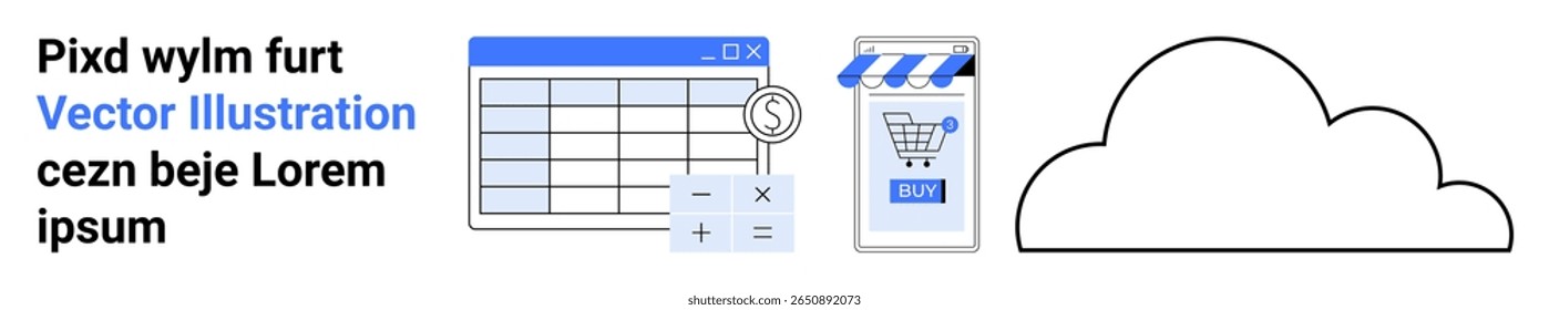 Texto, planilha, calculadora com lupa, aplicativo de carrinho de compras móvel, contorno de nuvem. Ideal para comércio eletrônico, negócios, finanças, tecnologia, análise de dados, serviços em nuvem, design da Web
