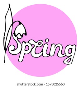 Text ,, Spring "and hand-drawn tulip flower. White isolated background with a pink circle in the center. Design for poster, postcard, print. Stock vector illustration.