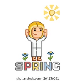 Text of Spring and happy girl, smiling sun, flowers