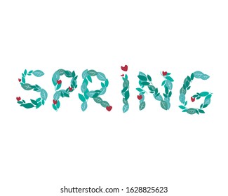 A text spring is isolated on a white background for design. A cute vector stock illustration with font of green natural leaves and hearts for printing in diaries or Bullet Journal in spring season.