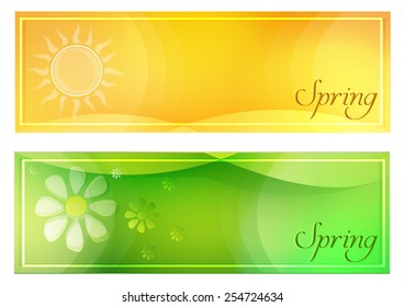 text spring with sun and flowers in banners with frame over yellow and green backgrounds, seasonal flat design labels, vector