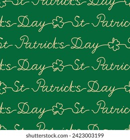 Text St Patrick's Day with clover seamless pattern on green background. Vector illustration.