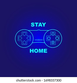 Der Text bleibt bei einem Controller zu Hause. blaues Neon-Joystick-Symbol. Vektorillustration. EPS10