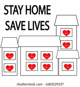 Text "Stay home, save lives". Homes and red hearts with cardiogram. Pandemic medical concept. Vector illustration isolated on white background. 
