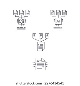 Ilustración de resumen de texto. Cortar texto. Procesamiento eficiente del texto. Ilustración de compresión de información. Generación de diálogo. Icono de robot de chat de IA. Icono de asistente virtual. Editable