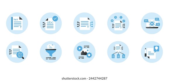 Text Summarization Illustration. Shortening Text icon. Efficient Text Processing Icon. Information Compression. Dialogue Generation. Virtual Assistant Icon. Context Generation.