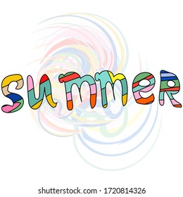 Text summer with different colors cartoon style hand drawn carved letters comics with beautiful curl in art style. Vector flat illustration isolated on white background. 