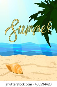 Text summer on the beach background. Oceanic coast. A tropical vacation. Vector illustration.