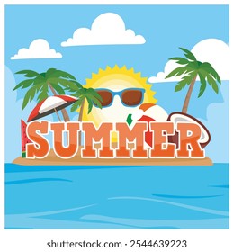 Text summer on the beach island. Summer elements on blue sky. Summer concept. Flat vector illustration.