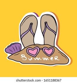 Text Summer on the sand, which stuck beach Slippers and a shell with glasses, vector design sticker. Design for banners and postcards. Rest
