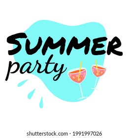 text summer party on a blue spot with splashes and two cocktails with a straw and with ice, close-up isolated on a white background. vector illustration