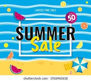 Text Summer Sale. Summer Beach With Fruit.  Bright Sale Banner, Template Design With Summer Fruit And Abstract Sea. Vector Promo Illustration