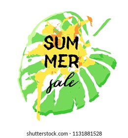 Text Summer Sale, discount banners.Palm leaves, grunge elements, ink drops, abstract background. Vector illustration.