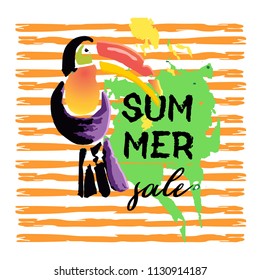 Text Summer  sale, discount banners.Tropical Toucan bird with grunge elements, ink drops, abstract background. Wild exotic animal. Vector illustration