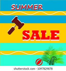 Text summer sale ,Hammer knock the price,green leave and ball on blue background.Illustration vector.
