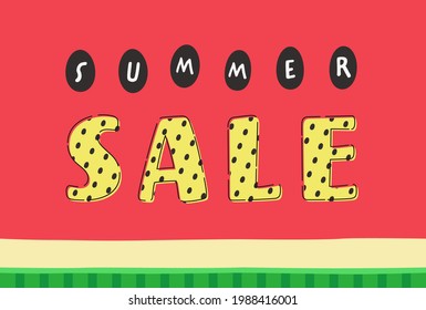 Text "SUMMER SALE" on Red watermelon and green rind. Banner for shopping, coupon, special offer card, template design for sales promotion.