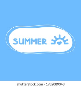 Text summer and sun on a white cloud. Blue letters, logo, postcard template.