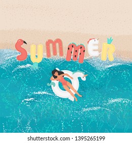 text Summer from swimming mattresses flamingo donut unicorn pineapple watermelon lying on the sand next to the girl in a coral bathing suit on the swimming circle white unicorn in the sea.