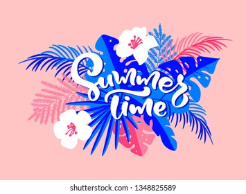 Text Summer Time in floral tropical palm leaves background. Hand drawn lettering calligraphy vector illustration. Fun quote design logo greeting card. Inspiration typography poster, banner