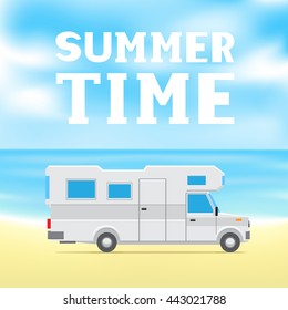 The text summer time on blue sky and sea background. Camp car on the beach. White trailer on the sand
