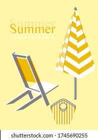 Text Summer, a wooden deck chair, a striped yellow-white closed sunshade  and a big beach bag are on a yellow background. Vector.