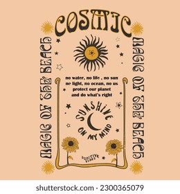 texto sunshine en el vector gráfico continental, 70's Retro Celestial groovy Vibes cósmicas estampado con sol celestial cósmico y luna .Patrón vectorial gráfico hipster para camiseta, camiseta y sudadera