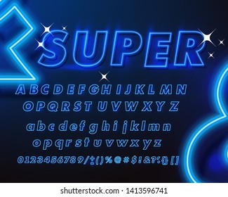 text: SUPER. Neon blue font english. City blue font. Realistic neon character typeset. Alphabet font. Vector illustration