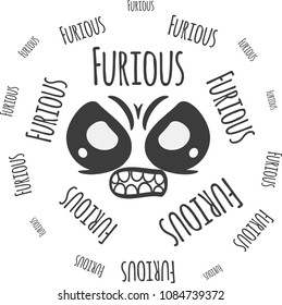 Text surrounding a face with a furious and angry gesture. Hand drawn and paper style. EPS 10 Vector Illustration.