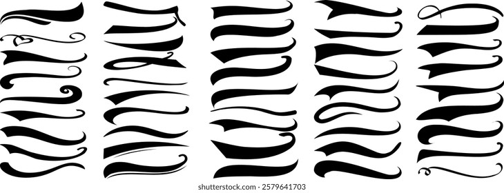 Text swoosh calligraphic swirl vector set, swirls and flourishes, and decorative ornaments silhouette. flourish, swirl flourish, swirl for design projects, invitations, borders, and vintage aesthetics