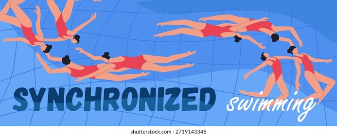 Texto sincronizado swimmin, rendimiento del equipo femenino Ilustración vectorial dibujada a mano.