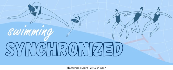 Text synchronized swimmin, women's team performance Hand drawn vector illustration.