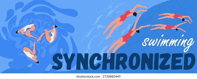 Texto de natación sincronizada, rendimiento del equipo femenino Ilustración vectorial dibujada a mano.