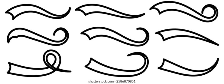 Text Tails Swoosh Baseball Sign, Typography font curve tail, font swoosh tail ornamental vector illustration. swashes vector icons. Swoosh silhouette, curve line, curly swoosh tails, eps 888.