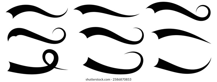 Text Tails Swoosh Baseball Sign, Typography font curve tail, font swoosh tail ornamental vector illustration. swashes vector icons. Swoosh silhouette, curve line, curly swoosh tails, eps 888.